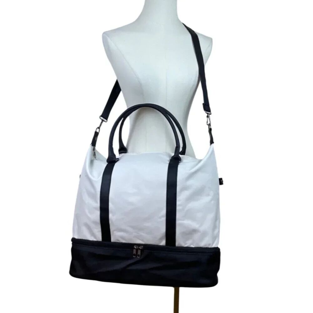 DSW White Canvas Mini Weekender Travel Duffle Bag Black Trim Tote EUC